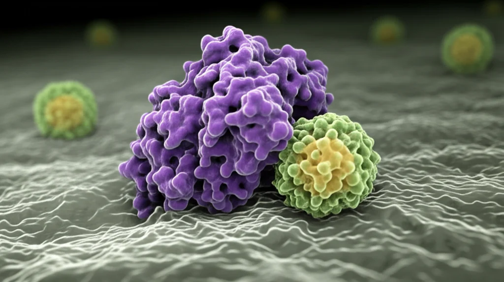 Visualizzazione 3D astratta e fotorealistica di un recettore DRD2 (struttura proteica complessa viola) parzialmente 'intrappolato' o legato a un granulo di stress (una sfera dinamica e luminosa giallo-verde) vicino alla membrana cellulare (doppio strato lipidico grigio). Illuminazione drammatica per enfatizzare il concetto di sequestro. Obiettivo macro 100mm, alta risoluzione.