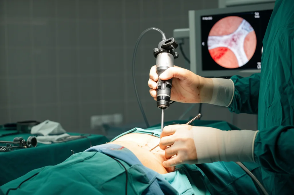 Fotografia di un chirurgo ortopedico in sala operatoria mentre esegue un'artroscopia d'anca. Primo piano sugli strumenti artroscopici inseriti in piccole incisioni sull'anca del paziente. Monitor sullo sfondo mostra l'immagine interna dell'articolazione. Obiettivo prime 50mm, profondità di campo media, illuminazione chirurgica focalizzata.