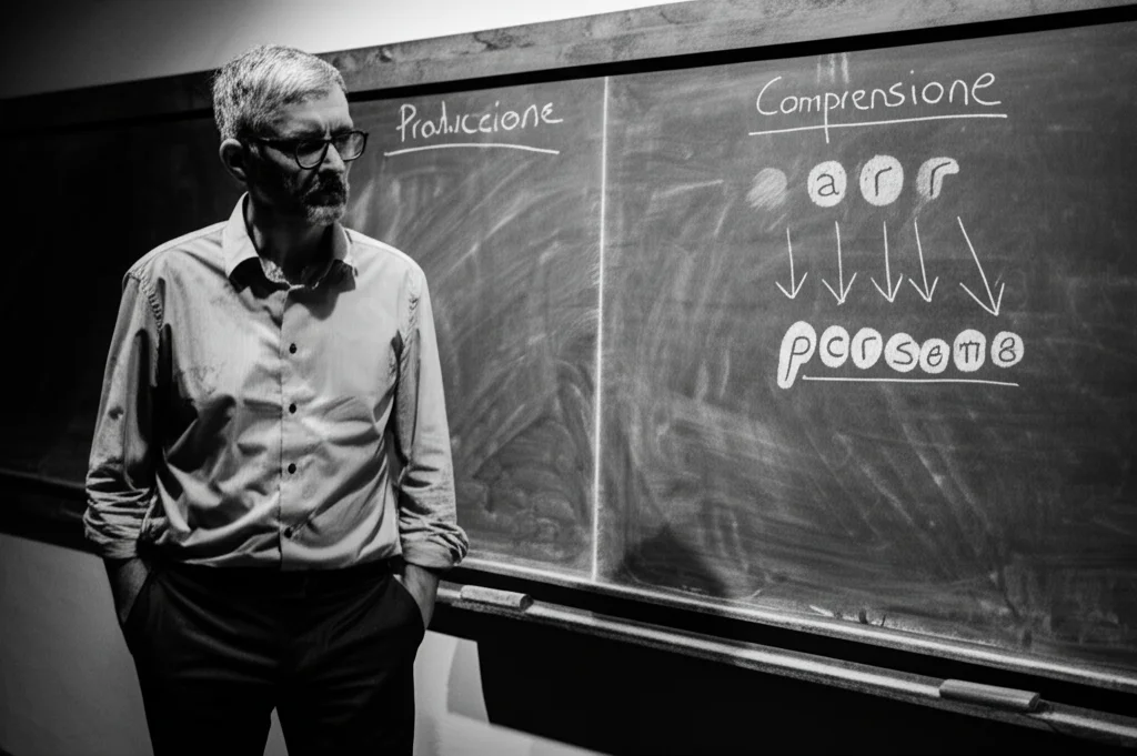 Un linguista pensieroso davanti a due schemi complessi su una lavagna antica, uno etichettato 'Produzione' con frecce che assemblano pezzi di parole, l'altro 'Comprensione' con frecce che analizzano una parola completa. Illuminazione drammatica laterale, obiettivo 35mm, bianco e nero.