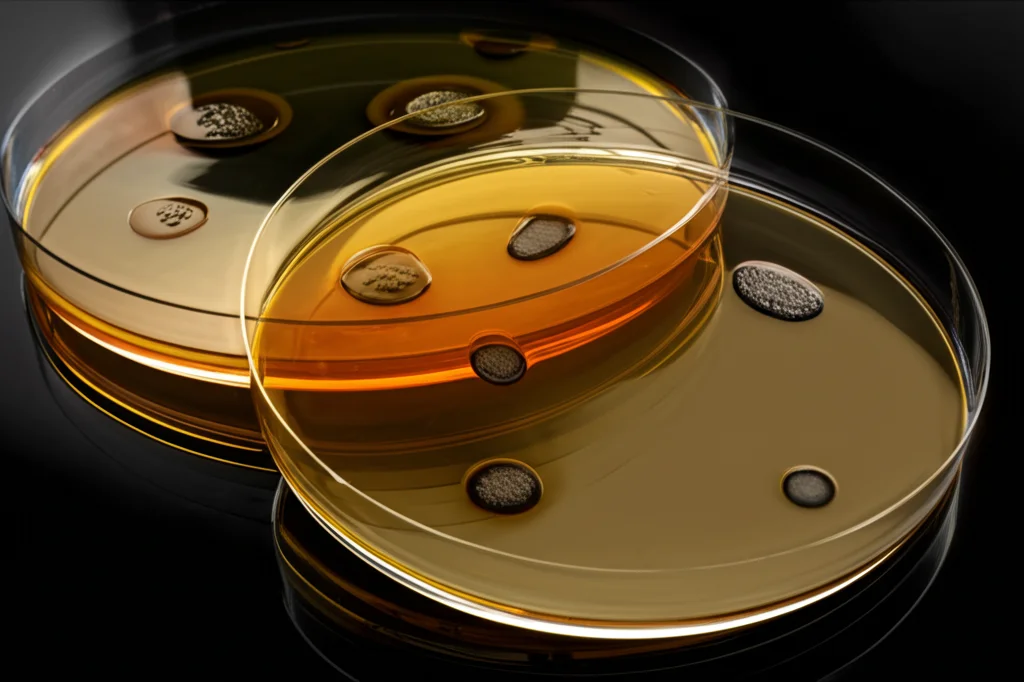 Fotografia still life di piastre di Petri con test di diffusione su agar. Dischi di carta imbevuti dell'estratto di Ya-Kao con succo di lime (LYK) mostrano chiare zone di inibizione della crescita batterica (es. Staphylococcus aureus) su un terreno di coltura Mueller-Hinton. Lente macro 60mm, messa a fuoco precisa sulle zone di inibizione.