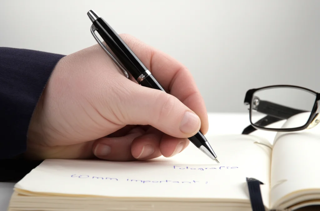 Fotografia macro, obiettivo 60mm, di una mano che scrive appunti importanti in un taccuino aperto, accanto a un paio di occhiali appoggiati sulla pagina. Illuminazione controllata e messa a fuoco precisa sui dettagli della scrittura e della texture della carta, simboleggiando l'estensione della mente tramite strumenti esterni.