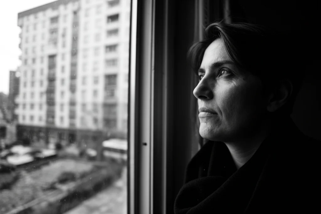 Ritratto fotorealistico, obiettivo 35mm, in bianco e nero, di una persona che guarda pensierosa fuori da una finestra verso un ambiente urbano o naturale complesso. Profondità di campo che mantiene a fuoco sia la persona che l'ambiente esterno, simboleggiando la connessione inscindibile tra individuo e contesto.