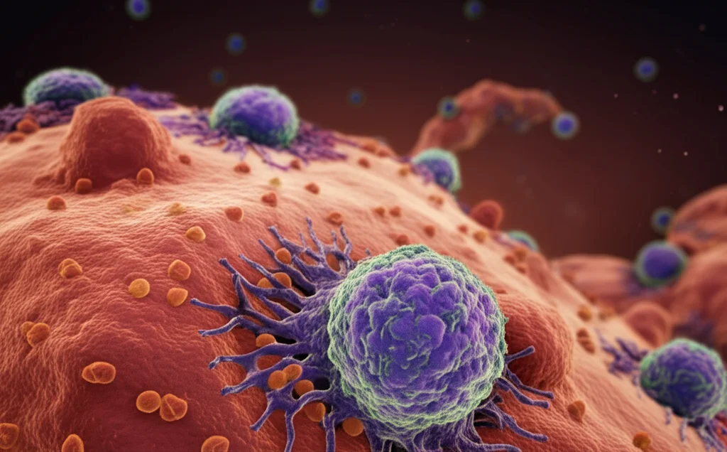 Visualizzazione astratta del sistema immunitario che attacca cellule cardiache, stile macrofotografia 90mm, illuminazione controllata, alta definizione dei dettagli cellulari, colori accesi su sfondo scuro.