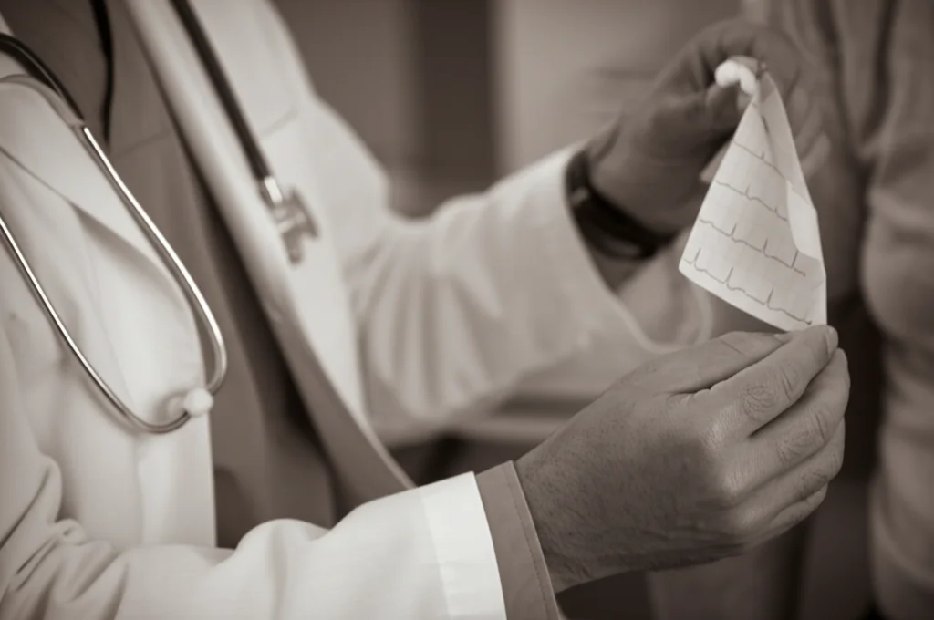 Medico che esamina attentamente un elettrocardiogramma (ECG) di un paziente oncologico, fotografia ritratto 35mm, profondità di campo ridotta per focalizzare sul medico e sull'ECG, tonalità duotone seppia e nero.