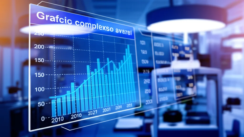 Grafico complesso che mostra l'incidenza di eventi avversi nel tempo su uno schermo digitale in un laboratorio di ricerca, fotografia wide-angle 20mm, messa a fuoco nitida sul grafico, ambiente high-tech con luci soffuse sullo sfondo.