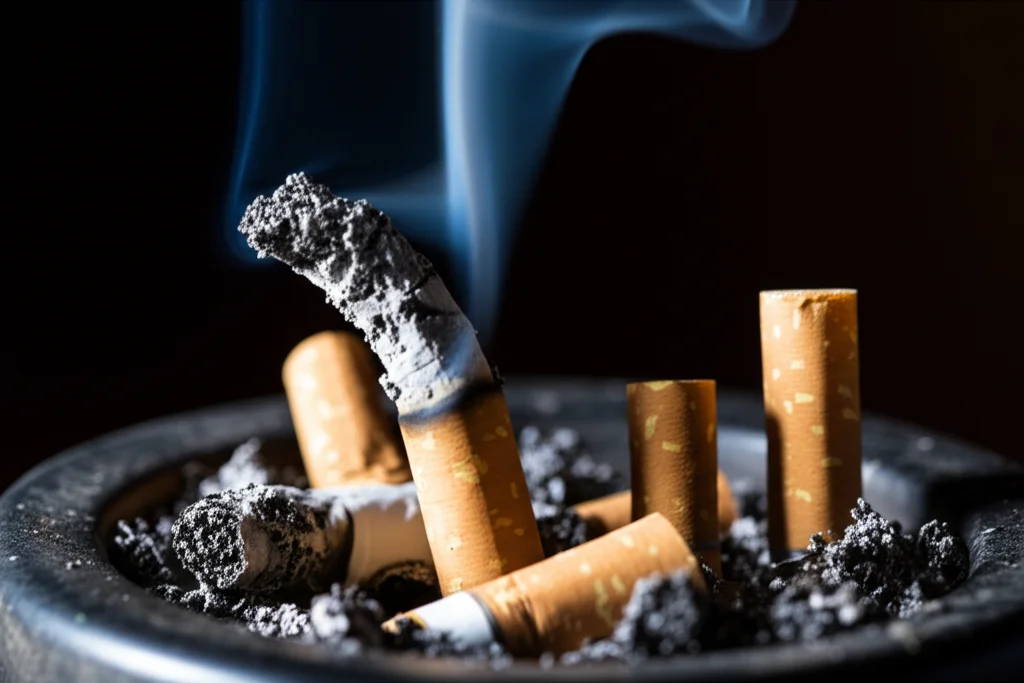 Fotografia macro, 100mm, alta definizione. Dettaglio di una sigaretta che brucia lentamente in un posacenere pieno di mozziconi. Illuminazione controllata e drammatica che evidenzia la cenere e il fumo sottile che si alza. Simboleggia il tempo che passa e la vita consumata dal fumo.