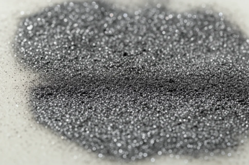 Immagine macro di polvere fine di alluminio grigio argenteo su un banco da lavoro industriale, illuminazione laterale controllata per evidenziare la texture, obiettivo macro 90mm, alta definizione dei dettagli.