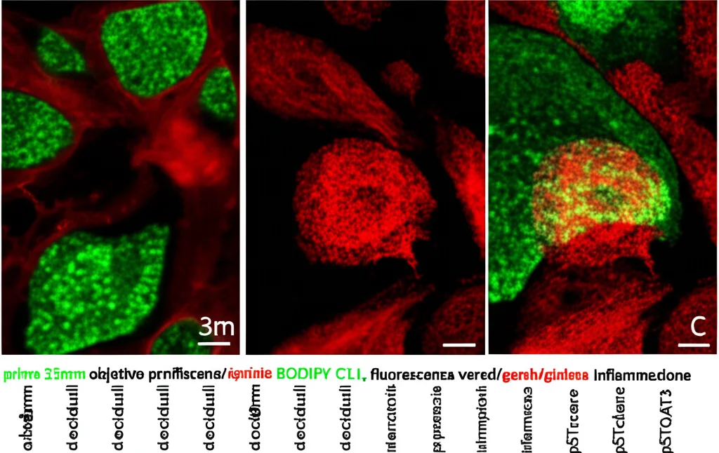 Visualizzazione al microscopio a fluorescenza dell'interfaccia materno-fetale nel topo, obiettivo prime 35mm, che mostra cellule deciduali (contorni cellulari in bianco) con marcatori di perossidazione lipidica (BODIPY C11, fluorescenza verde/gialla intensa) e infiammazione (pSTAT3 nucleare, rosso), profondità di campo, sfondo scuro per contrasto.