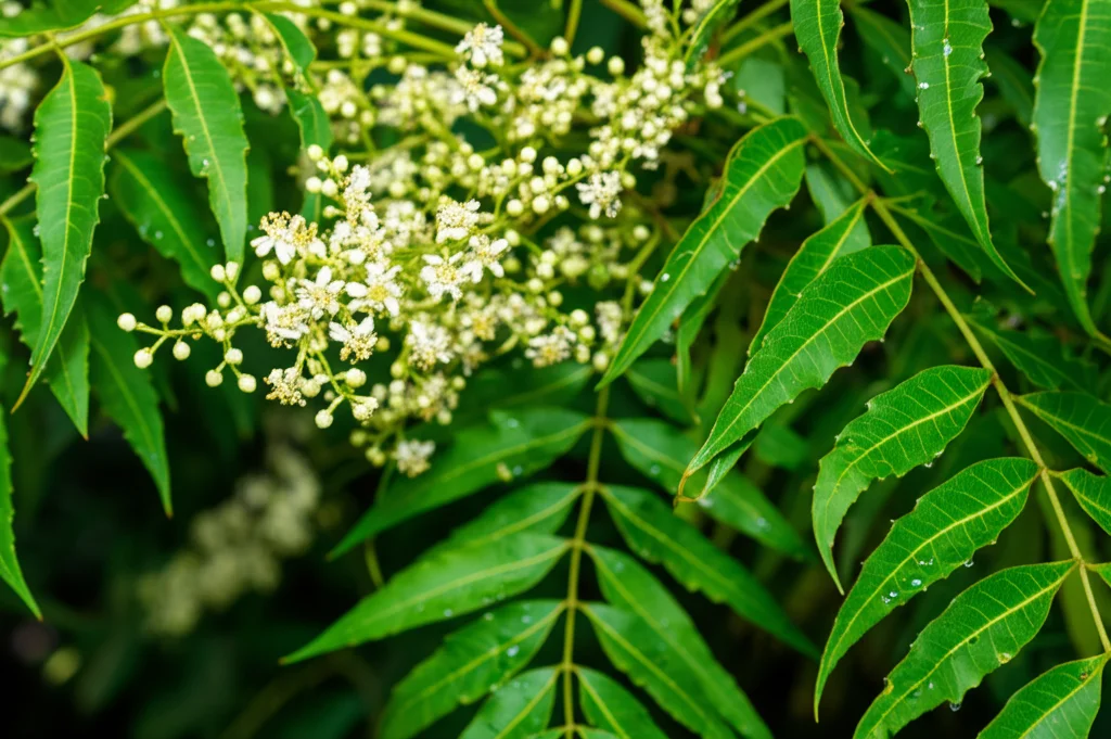 Primo piano macro di fiori bianchi e delicati dell'albero di Neem (Azadirachta indica) bagnati dalla rugiada mattutina, con foglie verdi sfocate sullo sfondo. Obiettivo macro 90mm, alta definizione, illuminazione naturale controllata.
