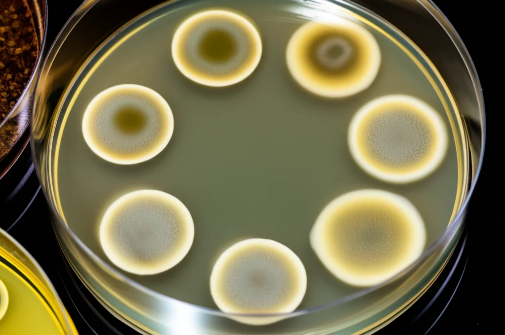 Immagine di laboratorio still life: diverse piastre Petri con colture fungine (Rhizopus e Monilinia). Alcune mostrano una crescita fungina normale (controllo), altre mostrano zone di inibizione evidenti attorno a dischetti imbevuti di estratto di Neem. Obiettivo macro 105mm, messa a fuoco precisa, illuminazione controllata da laboratorio.