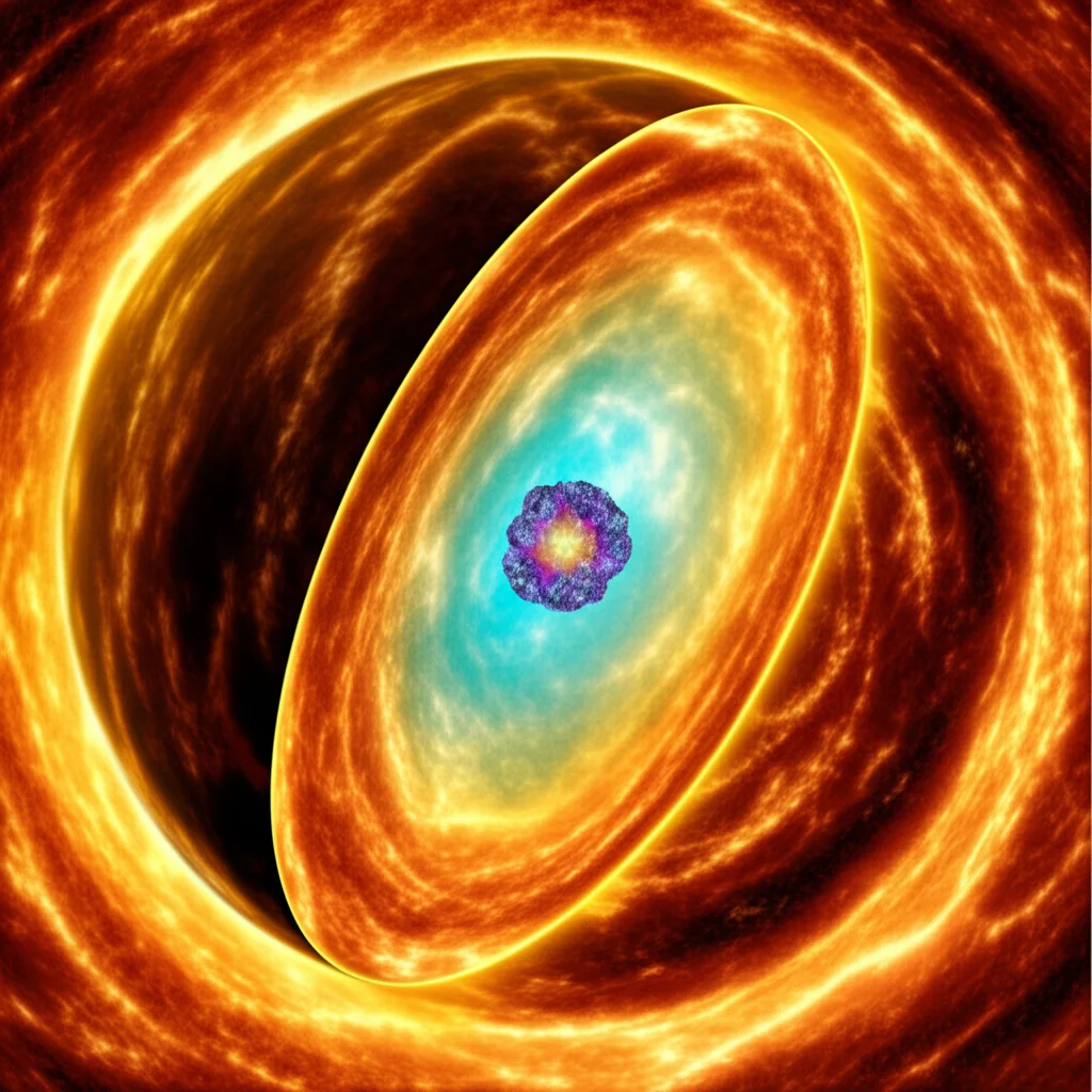 Infografica scientifica fotorealistica astratta che mostra curve complesse rappresentanti l'equazione di stato (EoS) di una stella di quark mista a materia oscura. Le curve sono sovrapposte a una sezione trasversale visualizzata della stella, evidenziando il nucleo di quark e l'alone di materia oscura. Macro lens, 85mm, high detail, precise focusing, controlled lighting per enfatizzare le texture e le curve.