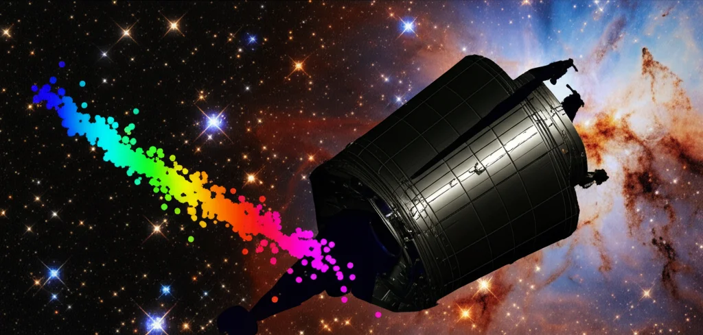 Diagramma di dispersione scientifico fotorealistico complesso che mostra la correlazione quasi universale tra la frequenza angolare scalata per massa (ωM) e la compattezza (C) per diverse configurazioni di stelle DMSQS. I punti dati colorati formano una linea chiara sovrapposta a un'immagine di sfondo suggestiva di un telescopio spaziale che osserva una nebulosa. Prime lens, 50mm, depth of field per mettere a fuoco i dati ma mantenere lo sfondo visibile, stile visualizzazione dati scientifica chiara e fotorealistica.