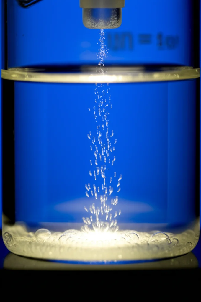 Scatto macro ravvicinato, lente macro da 85 mm, di un becher del reattore fotocatalitico contenente una sospensione del catalizzatore TiO2 bianco illuminato da un raggio focalizzato di luce UV/visibile, formazione di bolle (che rappresenta l'evoluzione H2), elevata dettaglio, focalizzazione precisa, illuminazione laboratorio controllata.