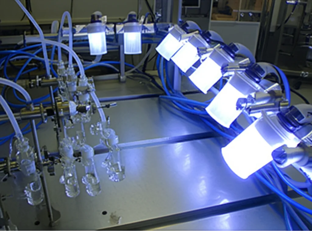 Immagine fotorealistica di una configurazione di fotoreattori circolanti su scala di laboratorio realizzata in tubi di vetro e boccette, che mostra circolando liquido chiaro (MTBE/acqua), illuminata da lampade esterne, lenti primarie, 35 mm, profondità del campo Focus sul nucleo del reattore, che rappresenta una sintesi chimica continua.