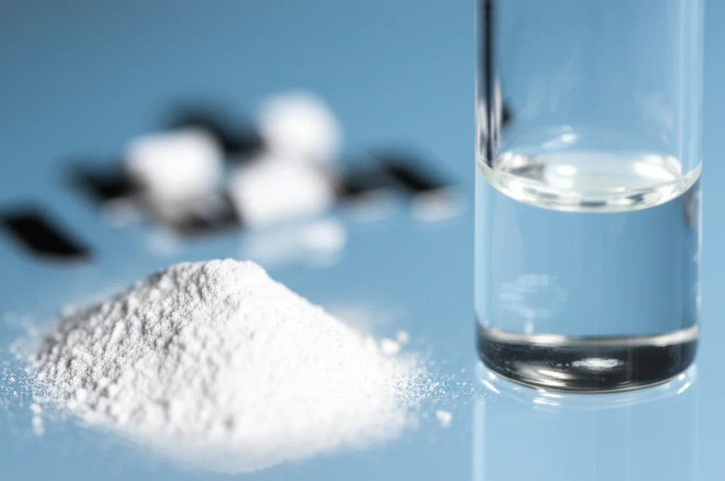 Still Life, Macro Lens, 100mm, che mostra un chiaro liquido viscoso (etilenglicole) in una fiala da laboratorio accanto alla polvere di catalizzatore bianco (TiO2) e piccoli pezzi di platino su una superficie pulita, dettagli elevati, messa a fuoco precisa, illuminazione controllata, simboleggiando il prodotto finale della sintesi verde.