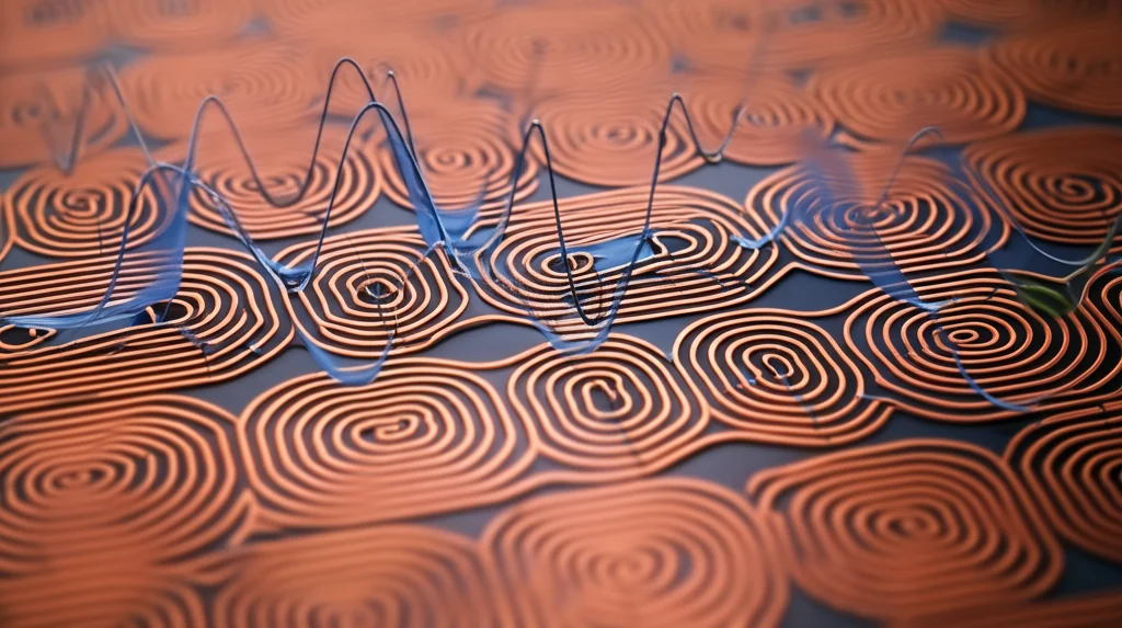 Visualizzazione 3D dettagliata di una cella unitaria di metamateriale DNG su substrato Rogers, con risonatori concentrici in rame e intagli visibili. Onde elettromagnetiche stilizzate interagiscono con la superficie. Stile macro lens 80mm, illuminazione controllata, alta definizione, sfondo tecnico sfocato.
