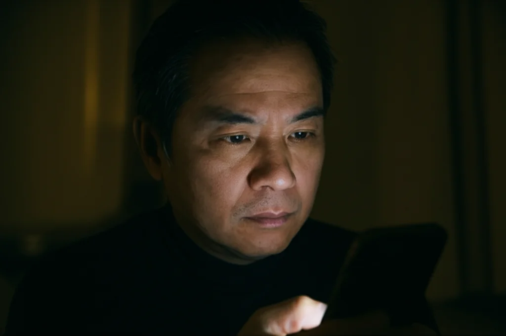 Primo piano di una persona adulta, illuminata solo dalla luce bluastra dello schermo di uno smartphone in una stanza buia, espressione assorta e leggermente ansiosa. Macro lens, 85mm, high detail, precise focusing, controlled low lighting.