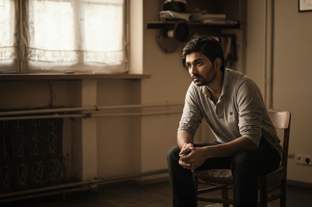 Un uomo indiano sulla trentina, seduto pensieroso su una sedia semplice in una stanza modestamente arredata, luce naturale dalla finestra, espressione di tristezza contenuta. Fotografia ritratto, obiettivo 35mm, profondità di campo, toni seppia e grigio.