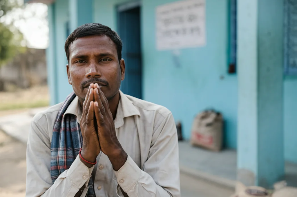Primo piano sulle mani giunte di un uomo indiano, seduto all'esterno di una clinica rurale di base in Bihar, India. Sfondo leggermente sfocato che mostra l'edificio semplice. Obiettivo macro 85mm, alta definizione, luce pomeridiana morbida.