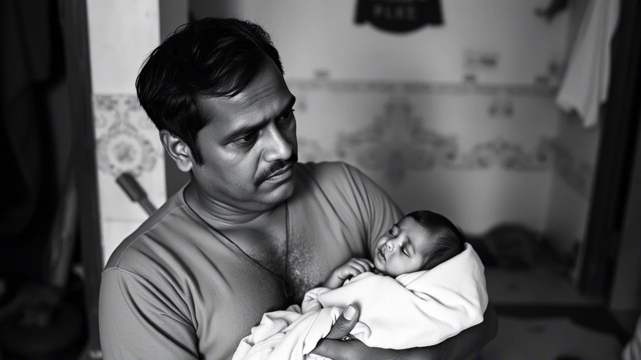Un padre indiano tiene in braccio un neonato avvolto in una coperta, guardandolo con tenerezza mista a preoccupazione, in un ambiente domestico semplice. Fotografia ritratto, obiettivo 50mm, bianco e nero, leggera grana della pellicola.