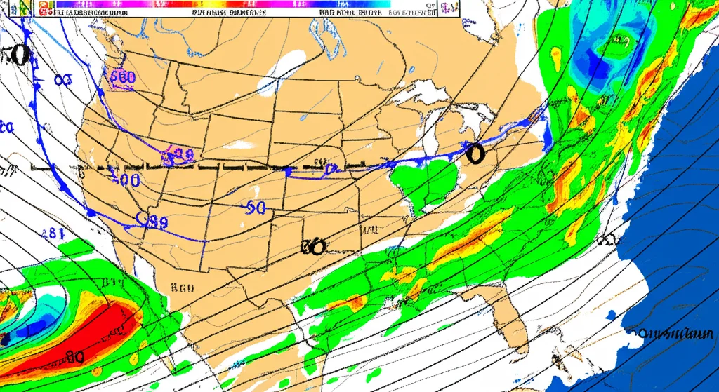 Fotografia di una mappa meteorologica sinottica che mostra un fronte stazionario sul Kentucky, con isobare strette e aree colorate che indicano precipitazioni intense. Stile infografica realistica, alta definizione, colori vivaci per evidenziare il fronte e le zone di pioggia.
