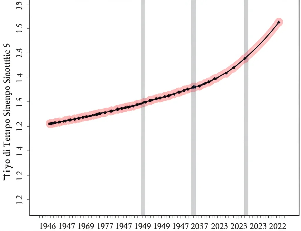 Grafico lineare che mostra l'aumento drammatico della frequenza annuale del Tipo di Tempo Sinottico 5 in Kentucky dal 1949 al 2022, con una linea di tendenza ripida verso l'alto negli ultimi decenni. Stile grafico scientifico chiaro e pulito.