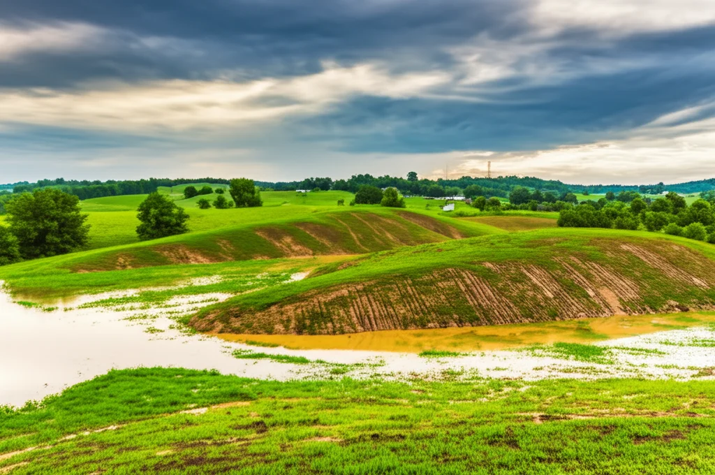 Veduta aerea grandangolare di un paesaggio collinare del Kentucky dopo piogge intense, con il terreno saturo d'acqua e piccoli smottamenti visibili sui pendii. Obiettivo grandangolare 18mm, luce soffusa del tardo pomeriggio, colori vividi del verde bagnato.