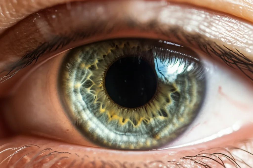 Primo piano macro di un occhio umano che mostra dettagli dell'iride e della pupilla, con sottili vasi sanguigni visibili sulla sclera, illuminazione controllata per evidenziare la texture, obiettivo macro 90mm, alta definizione, focus preciso sulla pupilla.