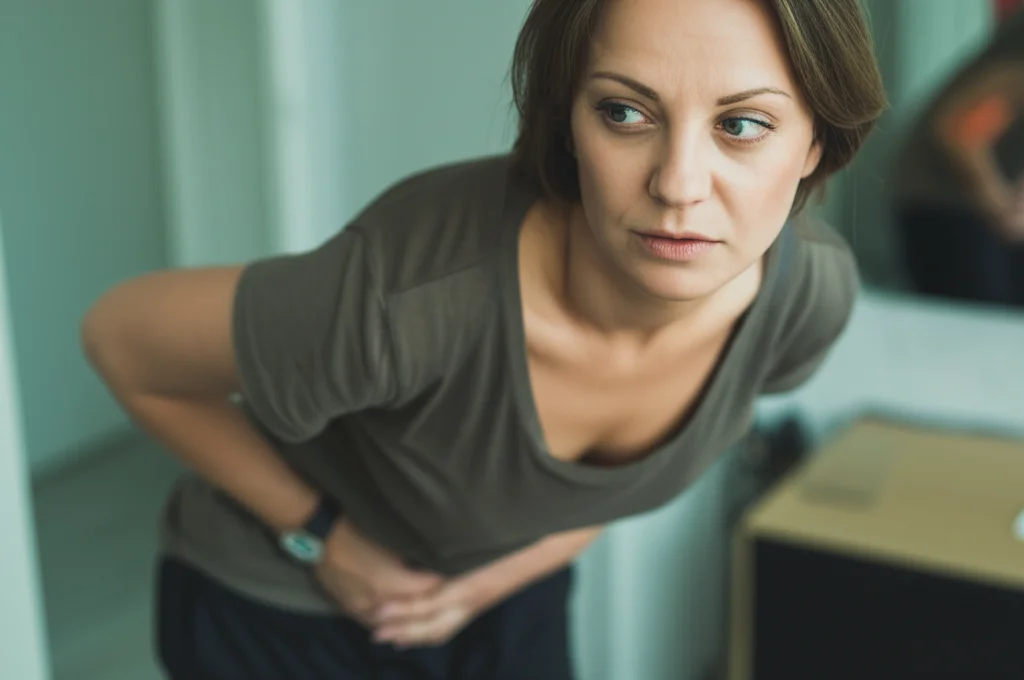 Fotografia ritratto di una donna di circa 30 anni, espressione pensierosa e leggermente affaticata, che si tocca delicatamente la zona del bacino. Obiettivo 35mm, luce naturale soffusa, profondità di campo ridotta per focalizzare sull'espressione. Stile fotorealistico.