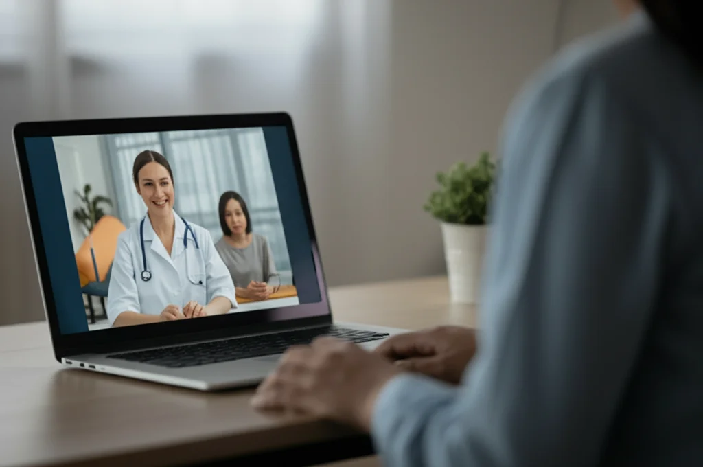 Fotografia di una sessione di fisioterapia virtuale. Schermo di un laptop che mostra una fisioterapista sorridente, mentre una donna (fuori fuoco sullo sfondo) ascolta attentamente. Obiettivo 50mm, luce ambientale da interni, focus sullo schermo. Stile fotorealistico.