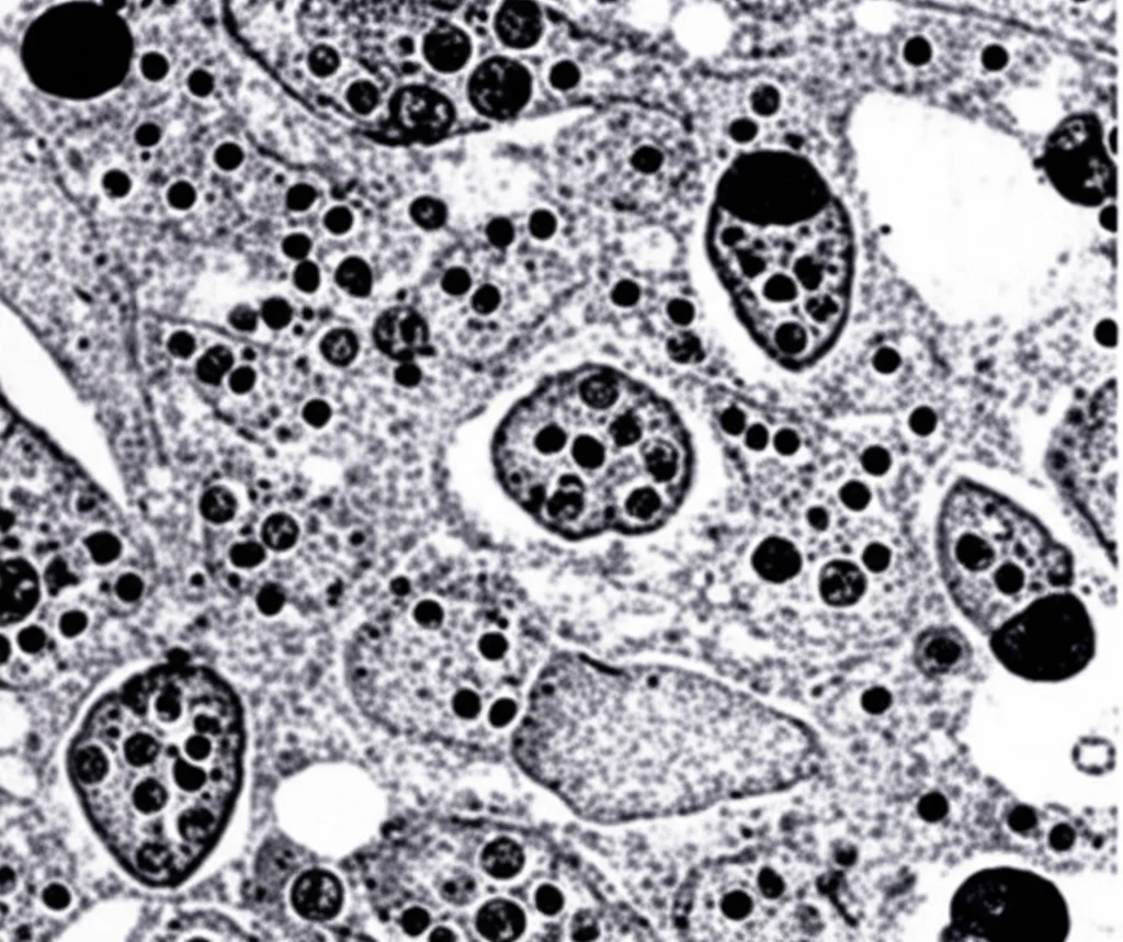 Immagine al microscopio elettronico, obiettivo macro 100mm, di cellule tumorali di adenocarcinoma mammario (Ehrlich) in coltura, con alcune cellule che mostrano segni di apoptosi (frammentazione), alta definizione, illuminazione specifica per contrasto di fase.