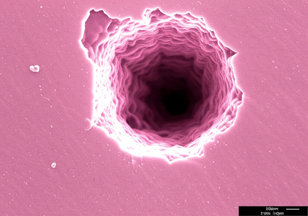 Immagine macro ad alta definizione di un campione di polimero rosa traslucido (dimetacrilato drogato con nanorod d'oro) con un piccolo cratere scuro sulla superficie, creato da un singolo impulso laser a femtosecondi. Illuminazione controllata per evidenziare la texture del polimero e i bordi del cratere. Obiettivo macro 100mm, messa a fuoco precisa sul cratere.