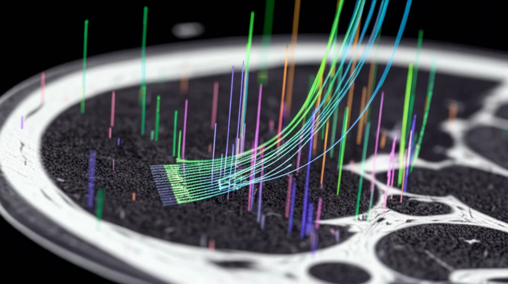 Visualizzazione astratta di dati medici complessi analizzati da un algoritmo di machine learning. Si vedono grafici SHAP colorati che emergono da una scansione MRI del fegato. Macro lens, 90mm, high detail, precise focusing, controlled lighting.