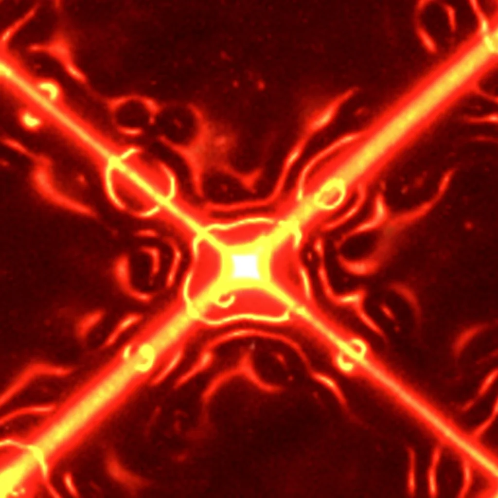 Visualizzazione artistica ma fotorealistica di nanorod d'oro plasmonici sospesi all'interno di una matrice polimerica trasparente, illuminati da un fascio laser rosso intenso (795 nm). Si vedono campi elettromagnetici amplificati attorno ai nanorod. Dettaglio elevato sui nanorod, sfondo leggermente sfocato. Obiettivo macro 60mm.