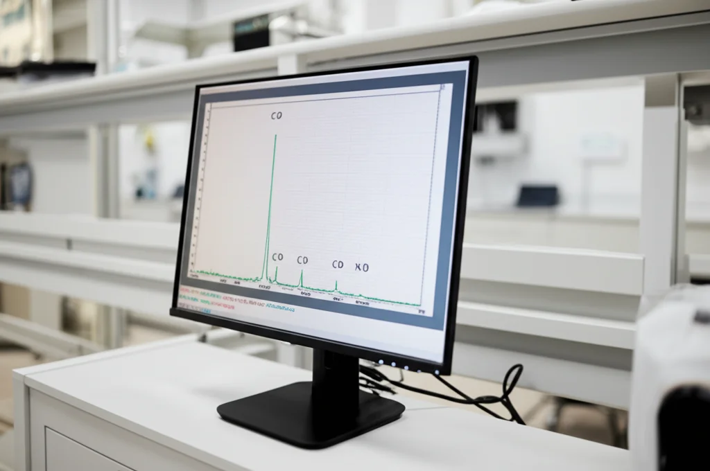 Grafico di spettroscopia Raman visualizzato su uno schermo di computer in un laboratorio scientifico moderno. Il grafico mostra picchi distinti, con enfasi sulla regione 2000-2500 cm-1 dove compaiono i nuovi picchi C-D e N-D. Luce soffusa nel laboratorio, lo schermo è la fonte di luce principale. Obiettivo prime 35mm, profondità di campo ridotta.