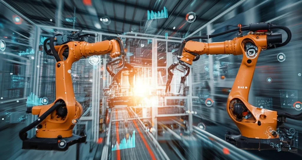 Fotografia dinamica di un moderno impianto di assemblaggio di veicoli elettrici, con bracci robotici in azione su una linea di produzione. Sovrapposizioni digitali olografiche mostrano flussi di dati e connessioni tra diverse parti del processo produttivo e della supply chain. Obiettivo zoom 50mm, fast shutter speed per congelare il movimento dei robot, illuminazione industriale brillante e high-tech.