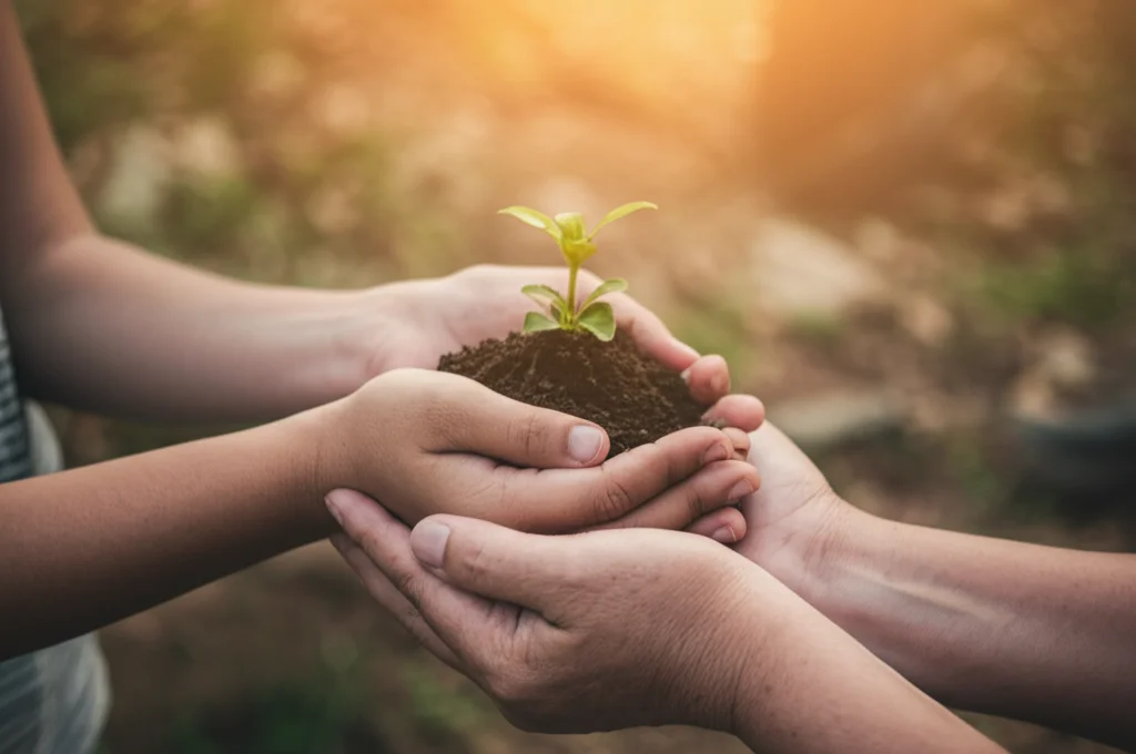 Mani di diverse età e tonalità di pelle che si prendono cura di una piccola pianta verde che cresce luminosa al centro, simboleggiando la cura della salute e la speranza. Fotografia con obiettivo 50mm, luce naturale calda e morbida, profondità di campo ridotta per sfocare lo sfondo, messa a fuoco sulle mani e sulla pianta, colori vivaci.