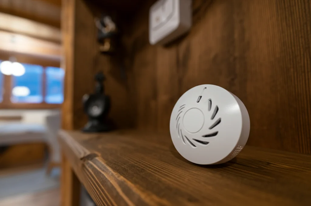 Interno di una casa accogliente in stile rustico montano, con luce soffusa. Un rilevatore di radon discreto è posizionato su una mensola. Macro lens, 60mm, high detail, precise focusing, controlled lighting per evidenziare il rilevatore.