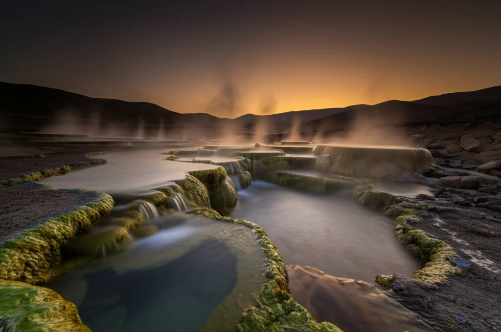 Suggestivo paesaggio montuoso iraniano al tramonto, con vapore che sale da sorgenti termali nascoste tra le rocce. Landscape wide angle 10mm, long exposure per acqua e vapore setosi, sharp focus sulle formazioni rocciose, colori caldi del tramonto.