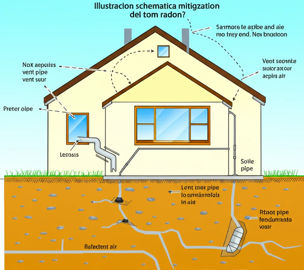 Illustrazione schematica di una casa con un sistema di mitigazione del radon installato: un tubo (vent pipe) che aspira aria da sotto le fondamenta e la espelle sopra il tetto. High detail, precise focusing, stile grafico chiaro e informativo.