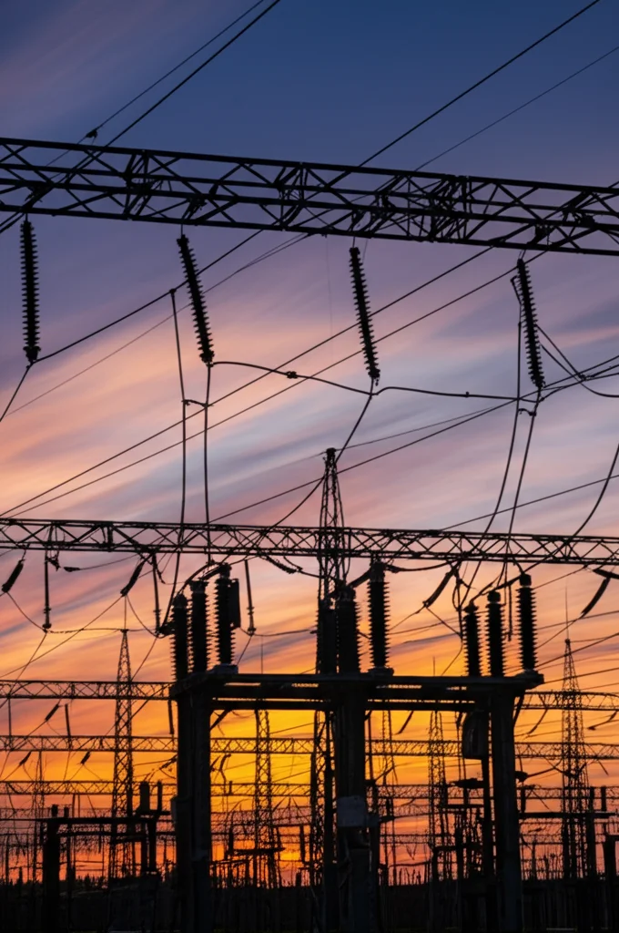 Fotografia grandangolare 15mm di una moderna centrale elettrica al tramonto, con tralicci e linee elettriche che si estendono verso l'orizzonte, focus nitido sulle strutture, lunga esposizione per rendere le nuvole setose e colorate dal sole calante.