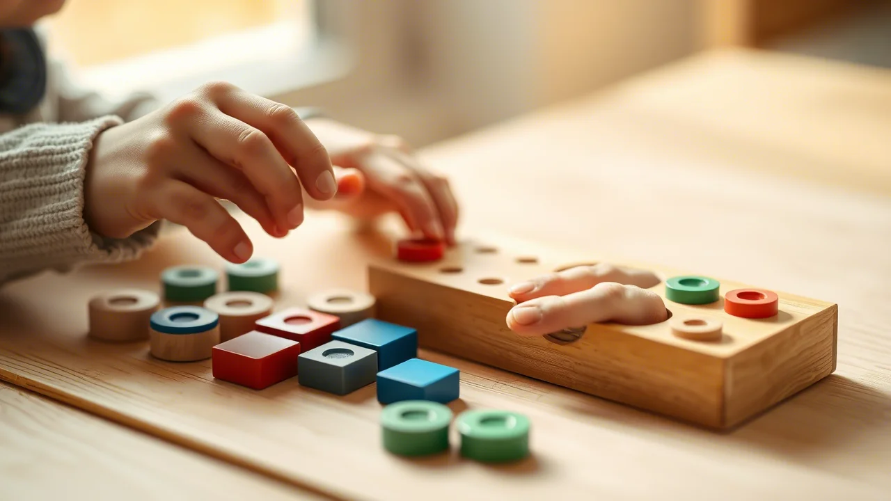 Macro fotografia di mani di bambino (circa 6 anni) che manipolano con concentrazione le tessere colorate del Gioco dei Francobolli Montessori (verdi, blu, rosse) su un tappetino di legno chiaro. La luce è morbida e naturale, proveniente da una finestra laterale. L'obiettivo macro 60mm cattura l'alta definizione delle venature del legno delle tessere e la texture della pelle delle mani, con una profondità di campo ridotta che sfoca leggermente lo sfondo. L'azione è colta nel momento dello scambio di dieci tessere unità per una decina.