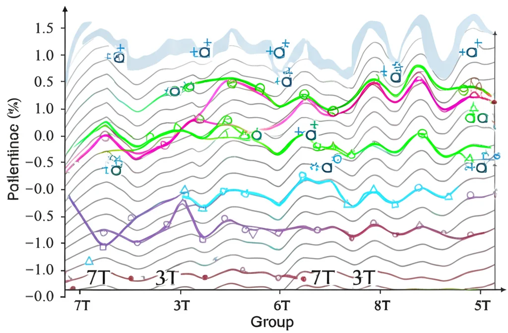 Grafico astratto ma fotorealistico che mostra la consistenza dei risultati attraverso diversi dataset e soggetti. Linee ondulate simili rappresentano i pattern di dissimilarità inter-areale in diversi gruppi (7T, 3T, individui). Sfondo neutro, focus nitido sui grafici, stile infografica scientifica.