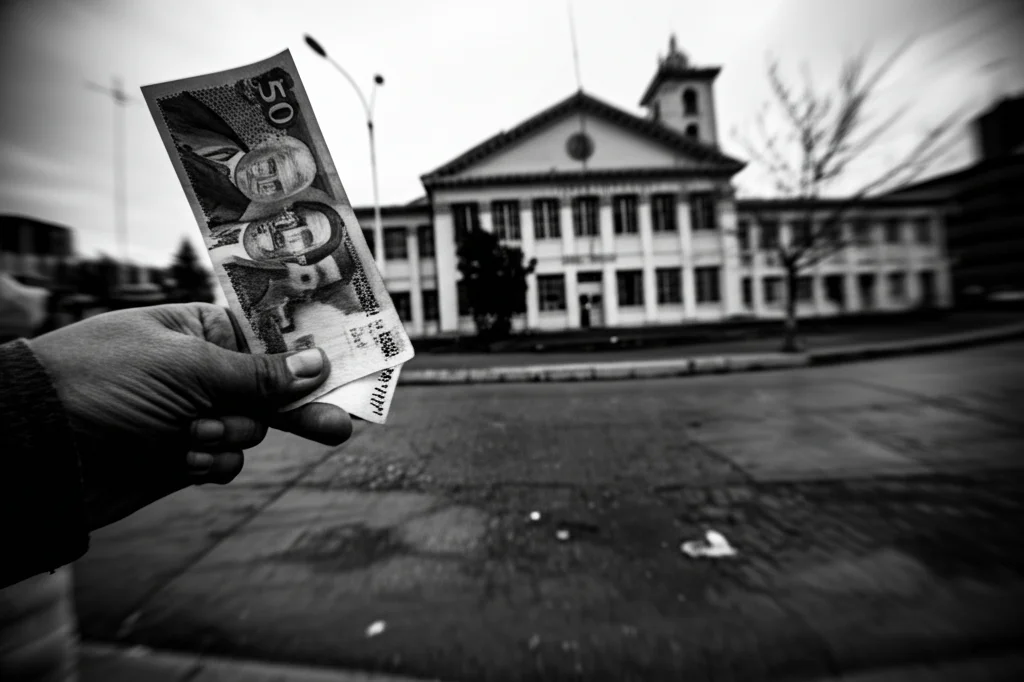 Scatto fotorealistico stile reportage in bianco e nero, che cattura l'atmosfera di un quartiere popolare di Santiago del Cile (come Renca). Si intravede un municipio sullo sfondo, mentre in primo piano c'è una mano che stringe discretamente una banconota o un piccolo pacco di viveri. Obiettivo 50mm, stile film noir, luce contrastata.
