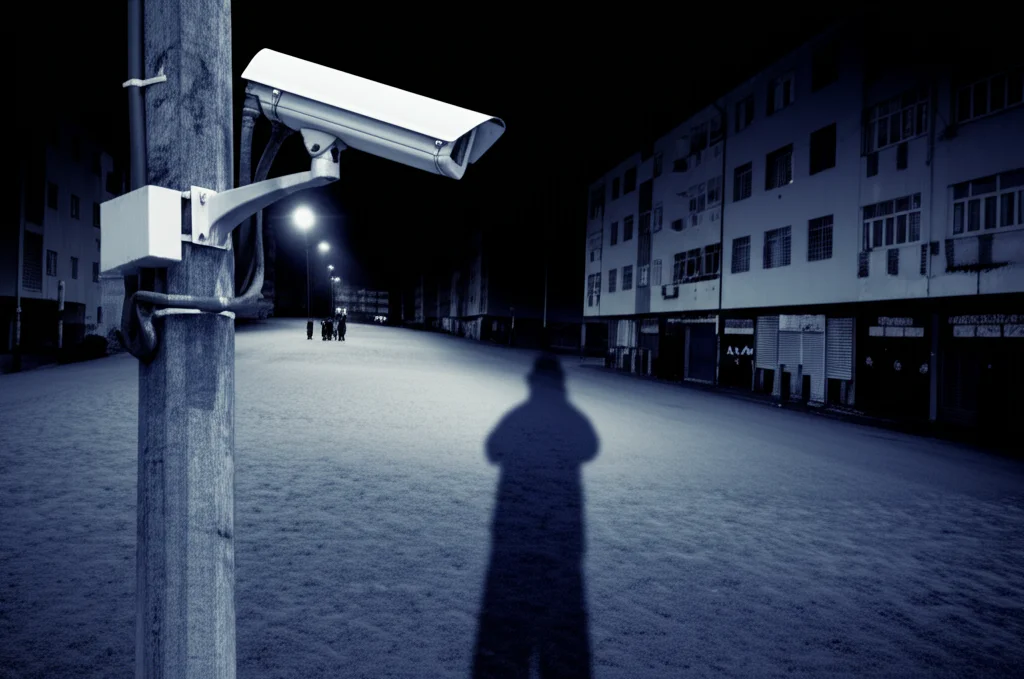 Immagine fotorealistica che simboleggia il controllo e la sorveglianza a livello locale. Potrebbe essere una telecamera di sicurezza puntata su una piazza deserta di notte in un contesto urbano simile a Renca, o l'ombra di una figura che osserva da lontano un piccolo gruppo di persone che discutono. Obiettivo zoom 100mm, luce scarsa, atmosfera tesa, effetto duotone blu e grigio.
