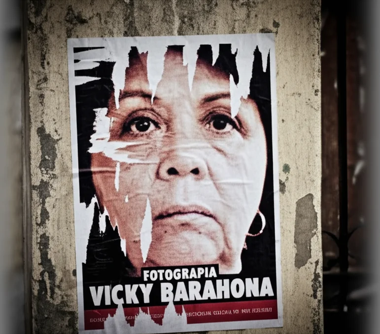 Fotografia realistica di un manifesto elettorale di Vicky Barahona, strappato o sbiadito dal tempo, affisso su un muro scrostato in un contesto urbano cileno come Renca. Il volto sul manifesto appare stanco o superato. Obiettivo 50mm, colori desaturati, profondità di campo ridotta per isolare il manifesto.