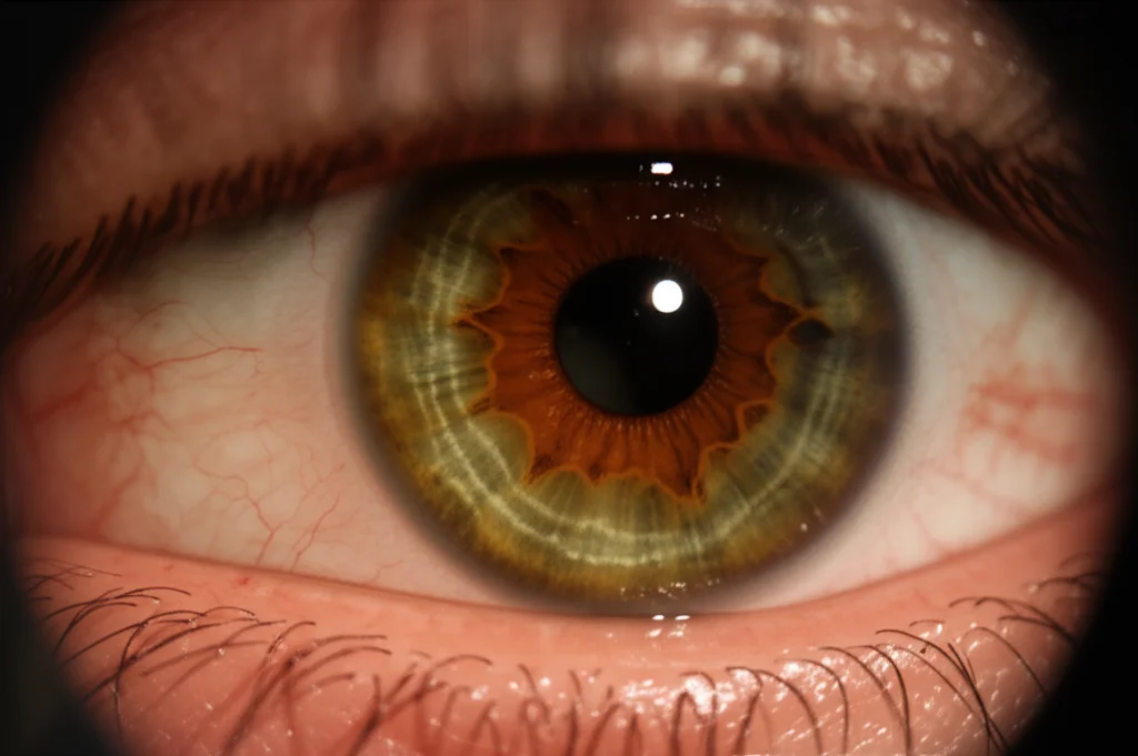 Primo piano macro, obiettivo 90mm, di un occhio umano che mostra sottili segni di fondo oculare a mosaico (MMD precoce, C1), illuminazione controllata che evidenzia i dettagli della retina.