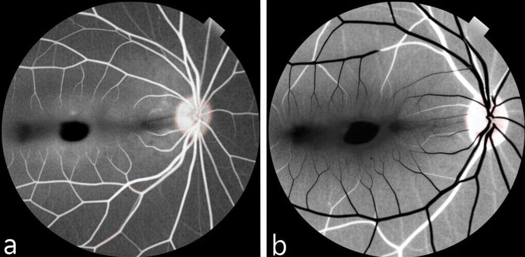 Immagine composita: lato sinistro mostra una scansione OCT ad alta definizione di atrofia corioretinica a chiazze (MMD C3), lato destro mostra atrofia maculare completa (MMD C4), messa a fuoco precisa sui diversi pattern di danno retinico.