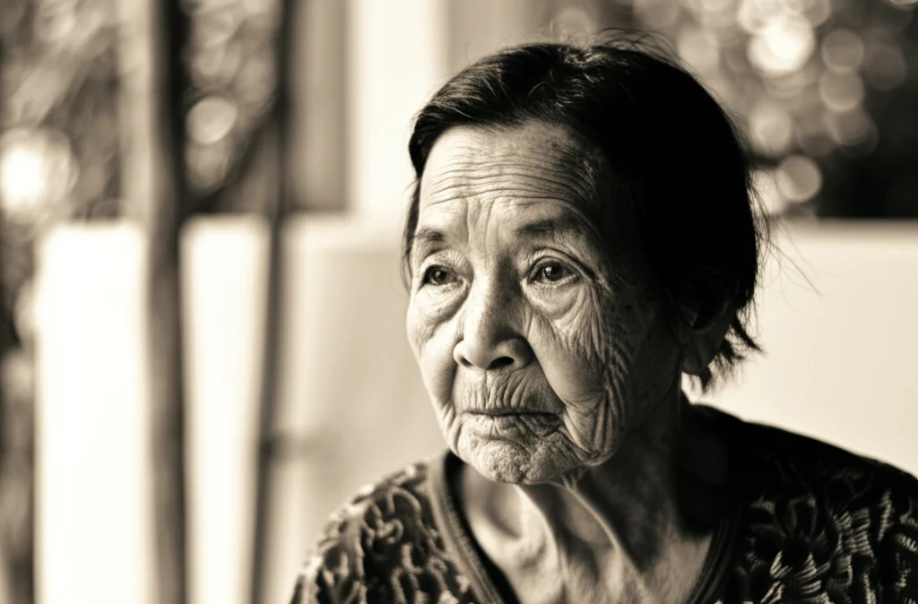 Fotografia ritratto, obiettivo 35mm, di un'anziana donna asiatica dall'espressione preoccupata che guarda verso una fonte di luce, profondità di campo che sfoca lo sfondo, bianco e nero con toni seppia, per trasmettere l'impatto umano dei problemi visivi legati all'MMD.