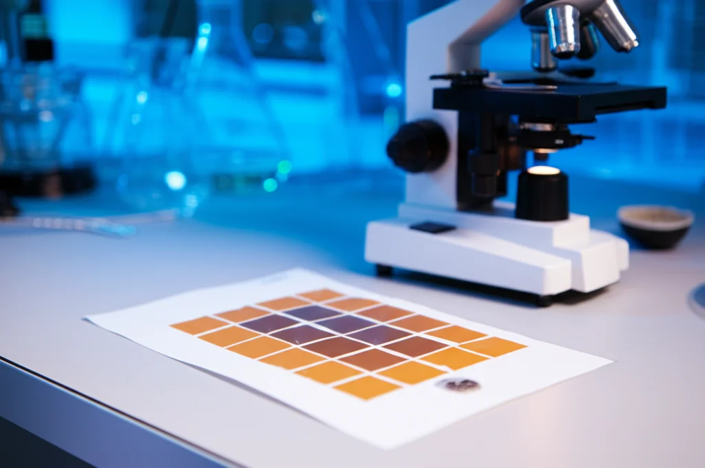 Primo piano di un rilevatore di radon passivo tipo LR 115, poggiato su un tavolo da laboratorio accanto a un microscopio. Obiettivo macro 100mm, alta definizione dei dettagli del rilevatore, illuminazione controllata da laboratorio, sfondo leggermente sfocato con attrezzatura scientifica.